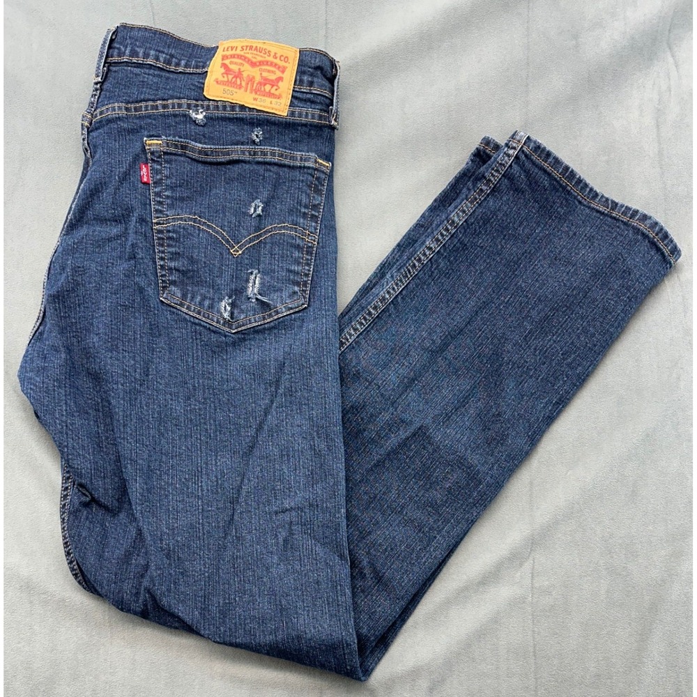 Levi's 505 Regular Fit Straight Leg Dark Wash Distressed Jeans Mens 36x32